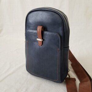 NWT! WestBronco Dark Blue and Brown Faux Leather Crossbody Shoulder Sling Bag